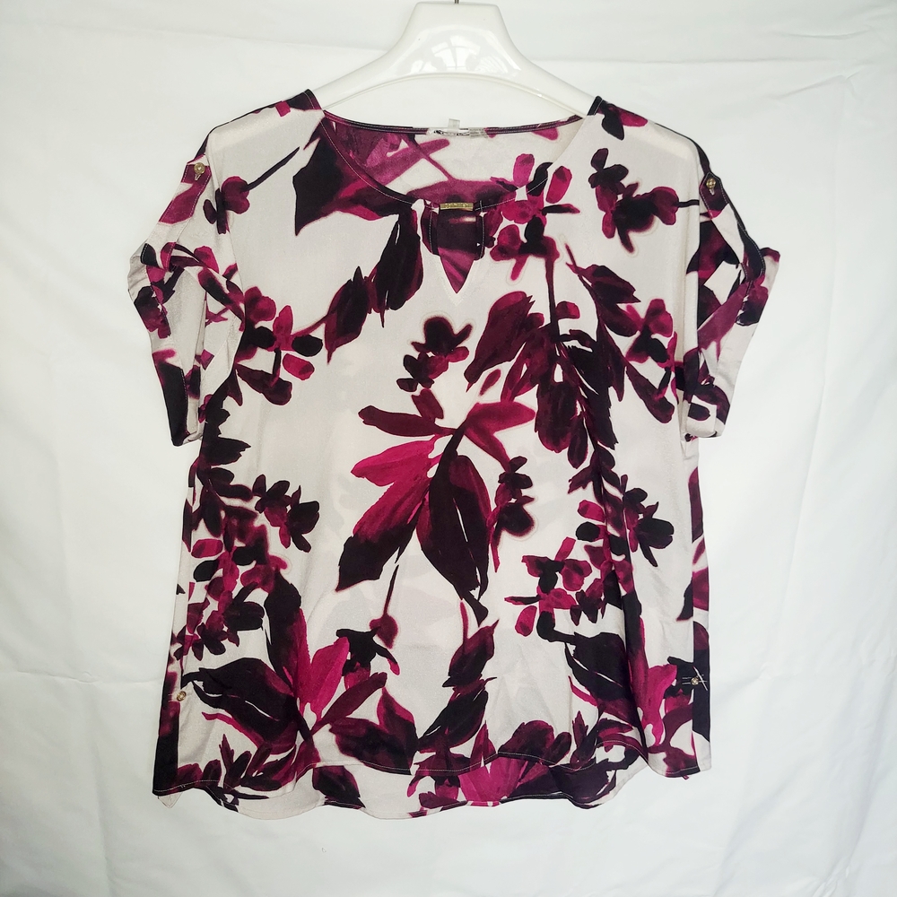 Calvin Klein White Blouse with Magenta and Black Floral Print